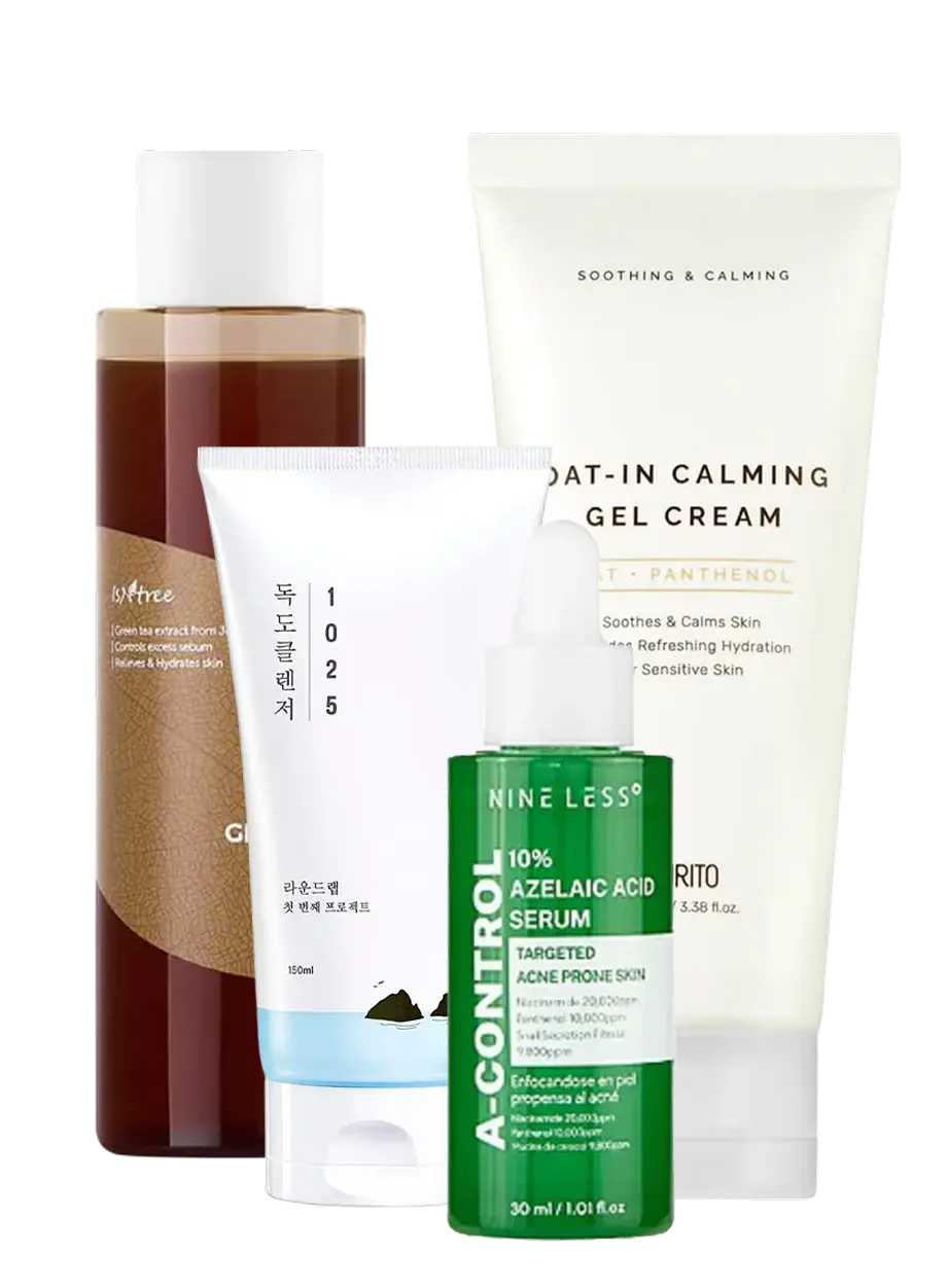 Akne hudplejerutine med olierens, vandrens, toner, azelainsyre serum, let fugtighedscreme og solcreme for at reducere udbrud og beskytte huden