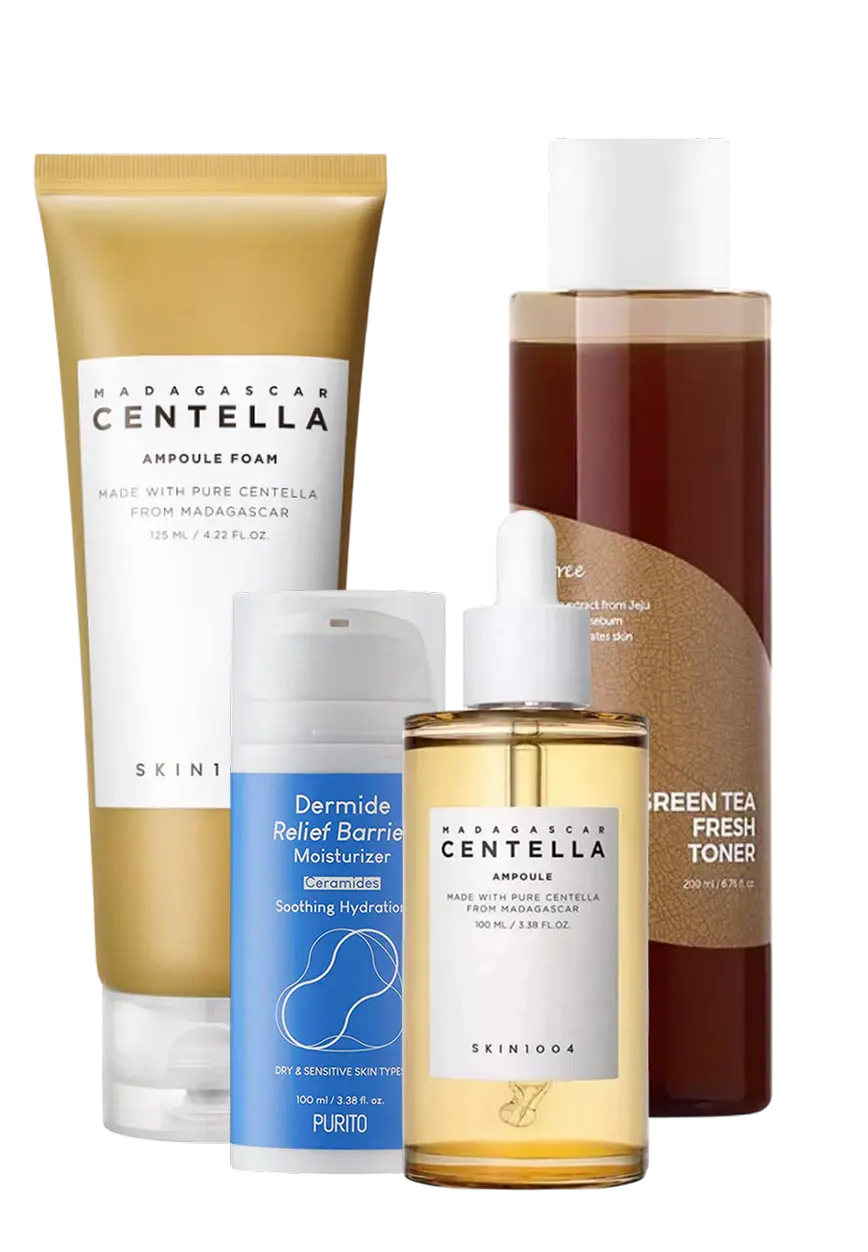 Beroligende hudplejerutine til rosacea-udsat hud med olierens, skumrens, toner, centella-serum, fugtighedscreme og solcreme for at reducere rødme og irritation.