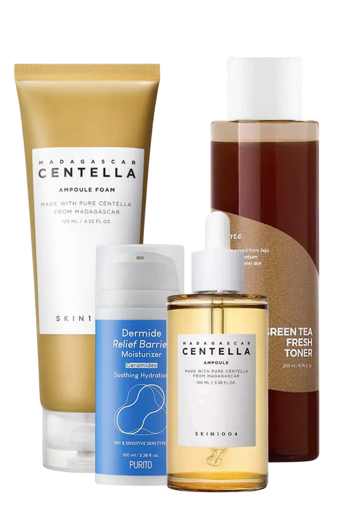 Beroligende hudplejerutine til rosacea-udsat hud med olierens, skumrens, toner, centella-serum, fugtighedscreme og solcreme for at reducere rødme og irritation.