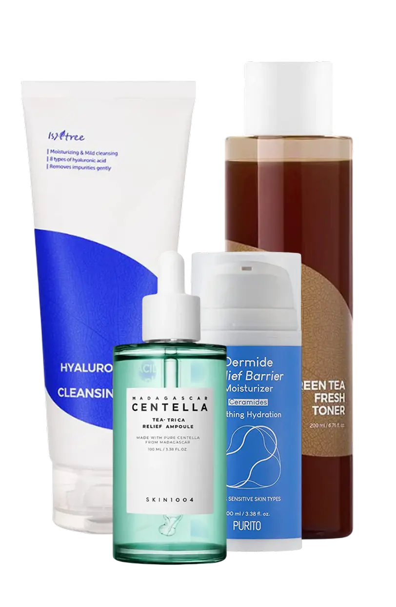 Eksem hudplejerutine med mild olierens, fugtgivende skumrens, beroligende toner, centella ampoule, beskyttende creme og solcreme.