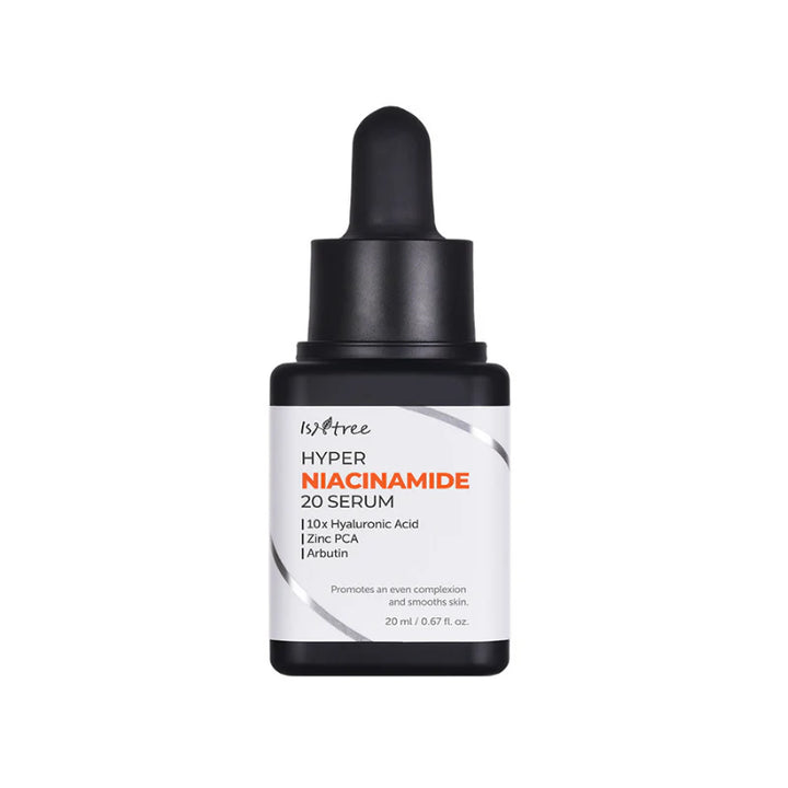 Isntree - 
Hyper Niacinamide 20 Serum - stærkt hudplejeprodukt står på en hvid baggrund .. pipette flasken er sort og der er en hvid edikette med sort og orange skrift på