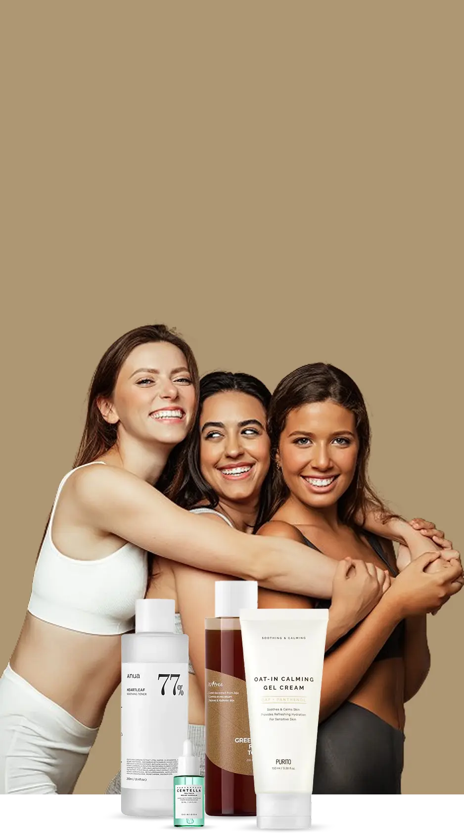 K-beauty Danmarks banner billede til mobil, med 3 piger der krammer. De har alle flot hud. Nedenunder ses en akne hudplejerutine.