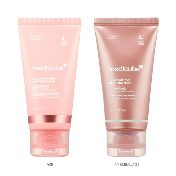 2 x Medicube - 
Collagen Night Wrapping Mask - hudpleje ansigtsmaske står på et bord.. der står en ny og en gammel version af emballage. den gamle version er meget mere lyserød ind den nyere,, den nye er mere rolig farve.