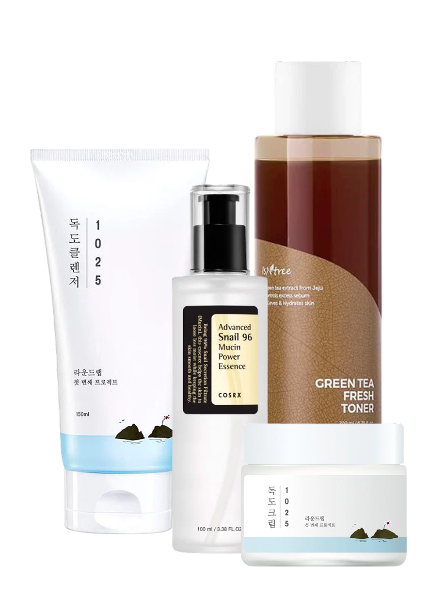 Psoriasis hudplejerutine med skånsom olierens, fugtgivende vandrens, beroligende toner, genopbyggende essence, beskyttende fugtighedscreme og solcreme.