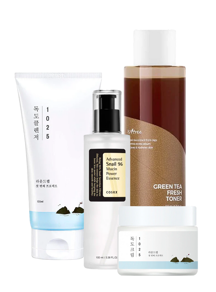 Psoriasis hudplejerutine med skånsom olierens, fugtgivende vandrens, beroligende toner, genopbyggende essence, beskyttende fugtighedscreme og solcreme.