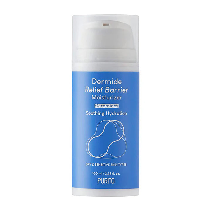 Purito SEOUL - 
Dermide Relief Barrier Moisturizer - fugtighedscreme produktbilled på hvid baggrund .. den runde hvide beholder med spray låg står op .. den har en blå edikette og hvid tekst på ediketten.