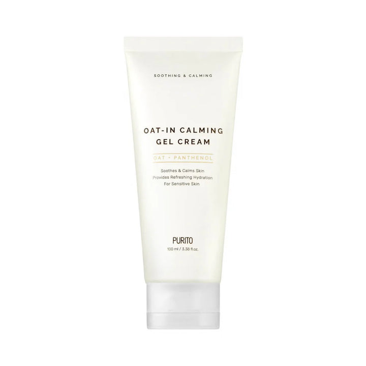 Purito SEOUL
Oat-in Calming Gel Cream - fugtighedscreme produkt billede .. baggrunden er hvid .. tuben står op med låget nedad .. tuben er creme farvet og der er sort tekst på.. låget er hvidt . der står panthenol med gult på tuben