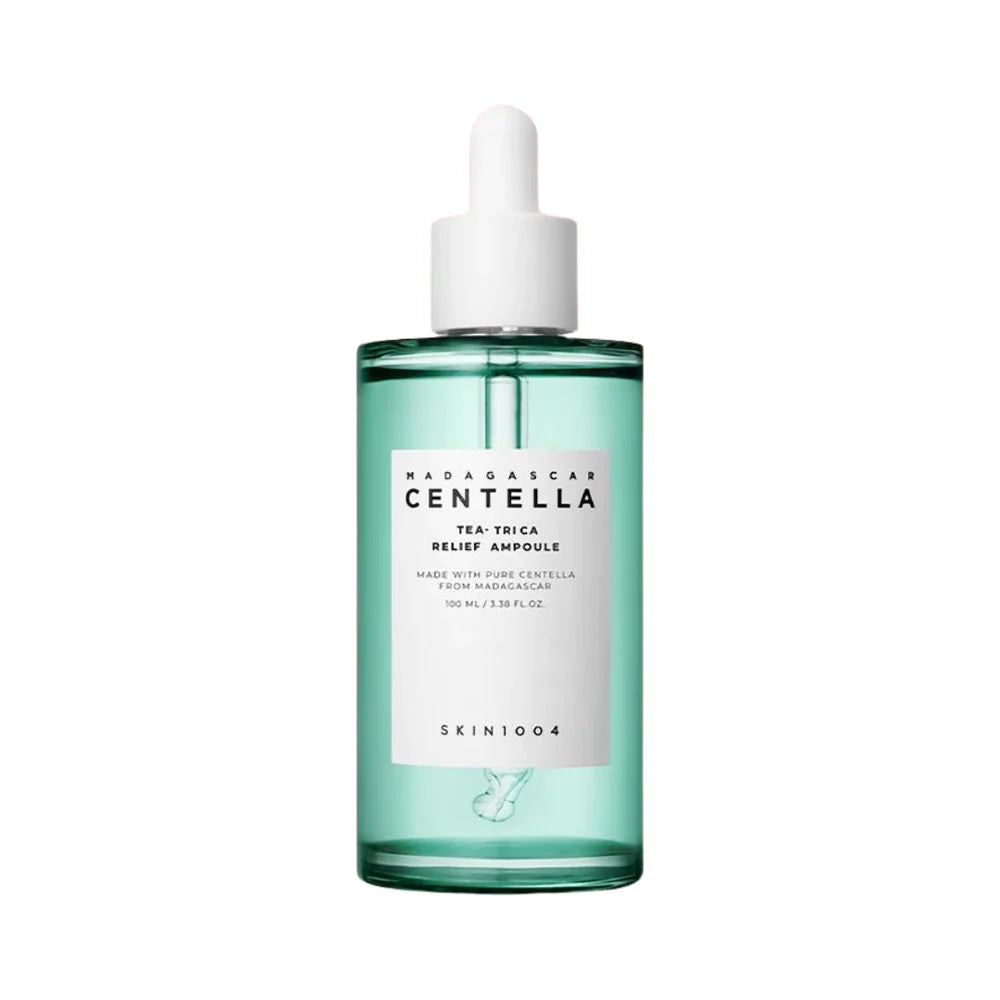 grøn flaske med hvidt SKIN1004-Madagascar Centella Tea-Trica Relief Ampoule ses på billedet