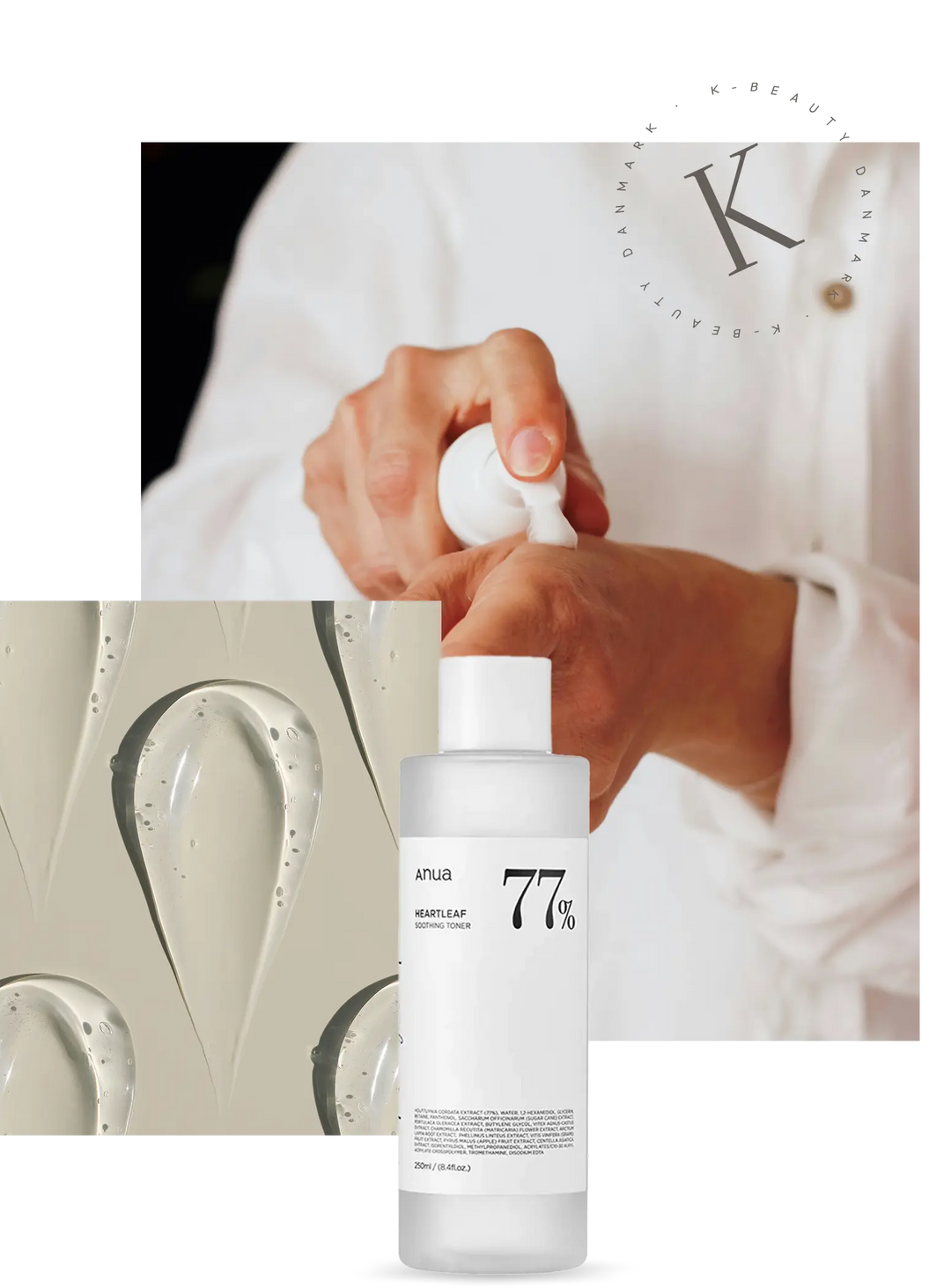 Kvinde sprayer hudplejeprodukt på hånden. nedenunder er hudplejeproduktet Anua Heartleaf 77% Soothing Toner