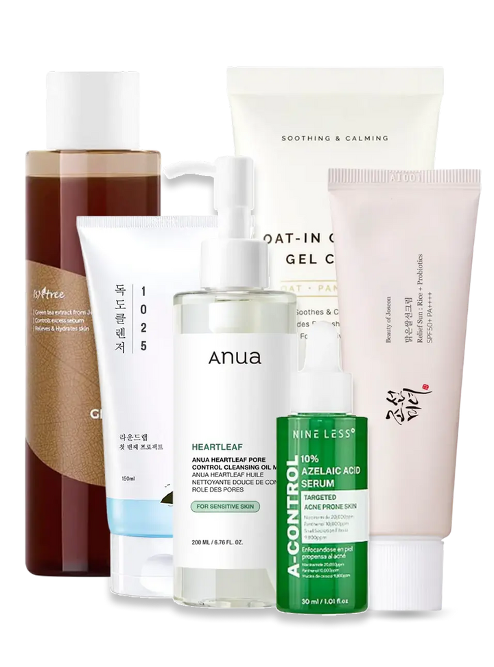 Akne hudplejerutine med olierens, vandrens, toner, azelainsyre serum, let fugtighedscreme og solcreme for at reducere udbrud og beskytte huden