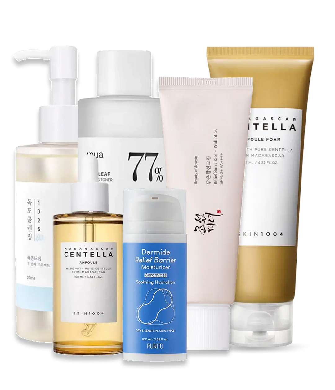 Beroligende hudplejerutine til rosacea-udsat hud med olierens, skumrens, toner, centella-serum, fugtighedscreme og solcreme for at reducere rødme og irritation.