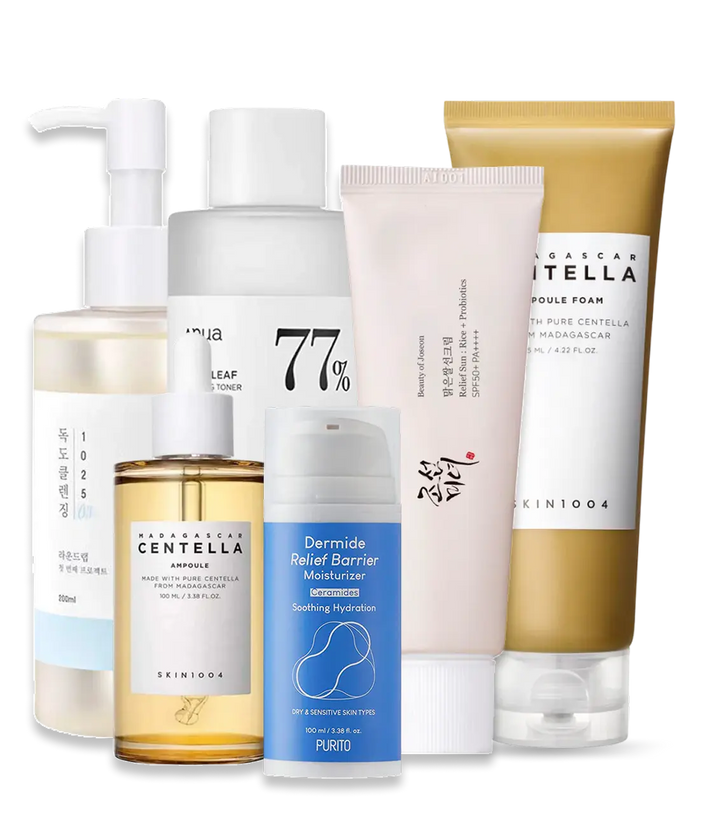 Beroligende hudplejerutine til rosacea-udsat hud med olierens, skumrens, toner, centella-serum, fugtighedscreme og solcreme for at reducere rødme og irritation.