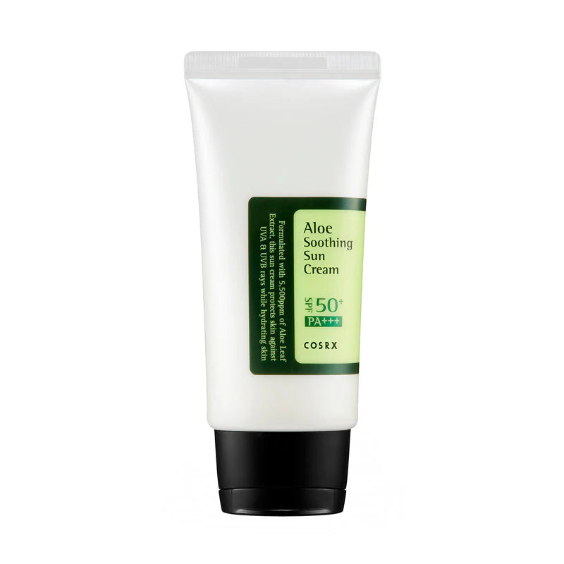COSRX Aloe Soothing Sun Cream SPF50 – let og beroligende solcreme med aloe vera og vitamin E, beskytter mod solskader uden at fedte, velegnet til sensitiv hud