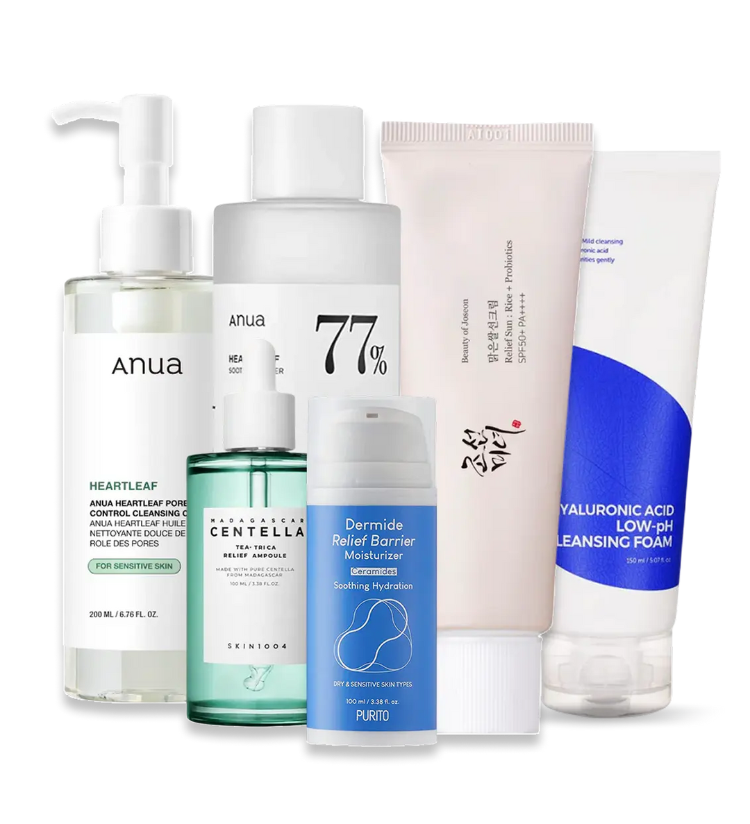 Eksem hudplejerutine med mild olierens, fugtgivende skumrens, beroligende toner, centella ampoule, beskyttende creme og solcreme.