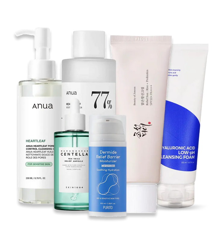 Eksem hudplejerutine med mild olierens, fugtgivende skumrens, beroligende toner, centella ampoule, beskyttende creme og solcreme.