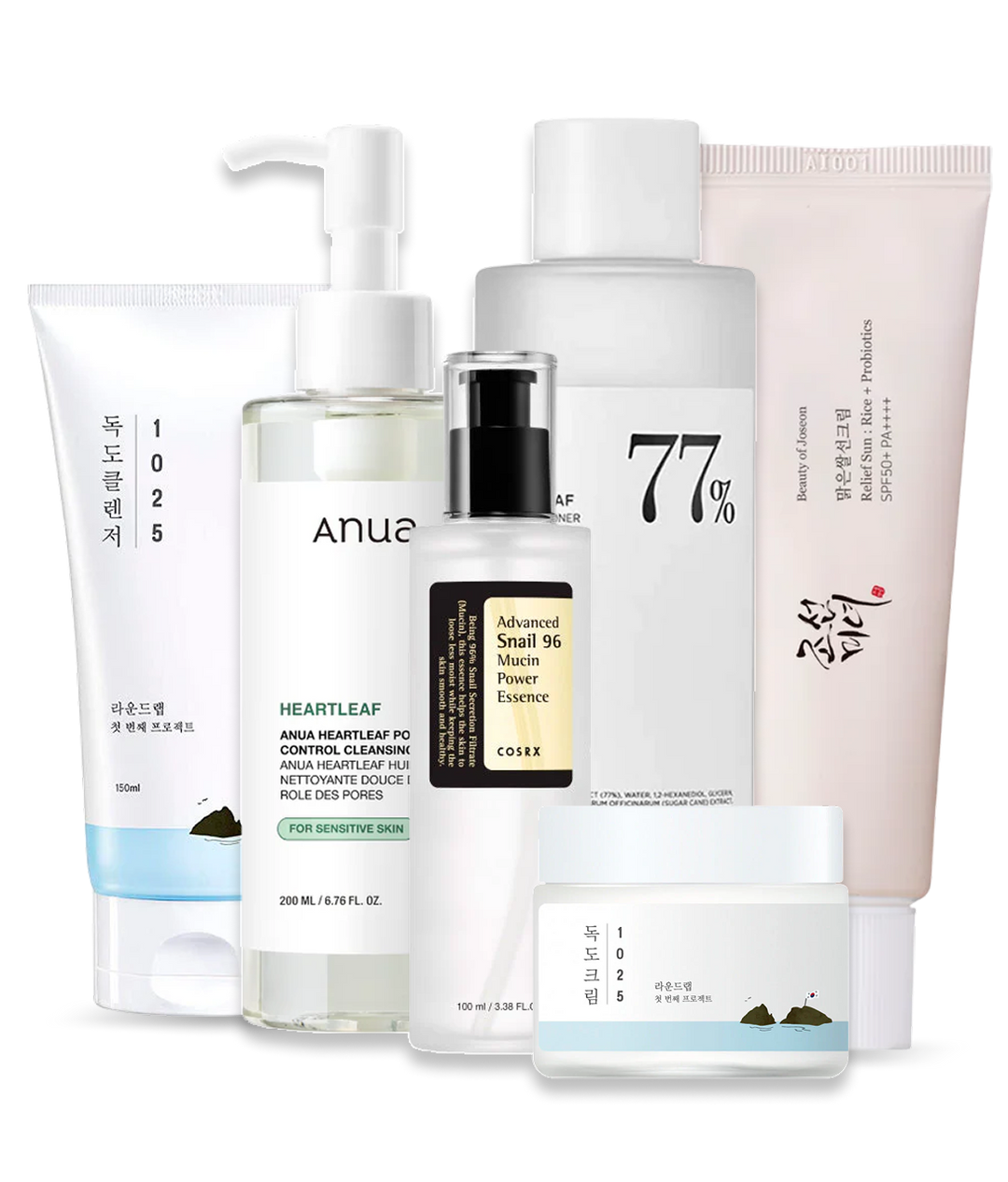 Psoriasis hudplejerutine med skånsom olierens, fugtgivende vandrens, beroligende toner, genopbyggende essence, beskyttende fugtighedscreme og solcreme.