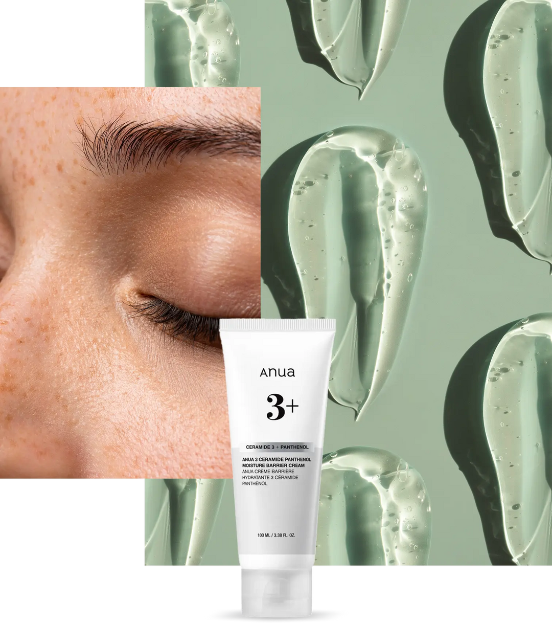 kvinde ansigt med frejner og flot hud. Ved siden af er koreansk hudpleje produktet Anua 3+ Ceramide Panthenol Moisture Barrier 